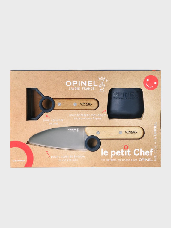 OPINEL Zestaw kuchenny dla dzieci nóż obieraczka osłona na palce Le Petit Chef Niebieski