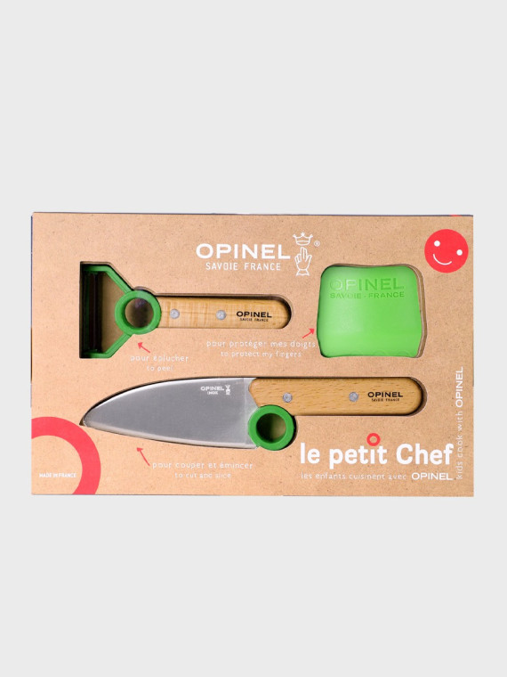 OPINEL Zestaw kuchenny dla dzieci nóż obieraczka osłona na palce Le Petit Chef Zielony