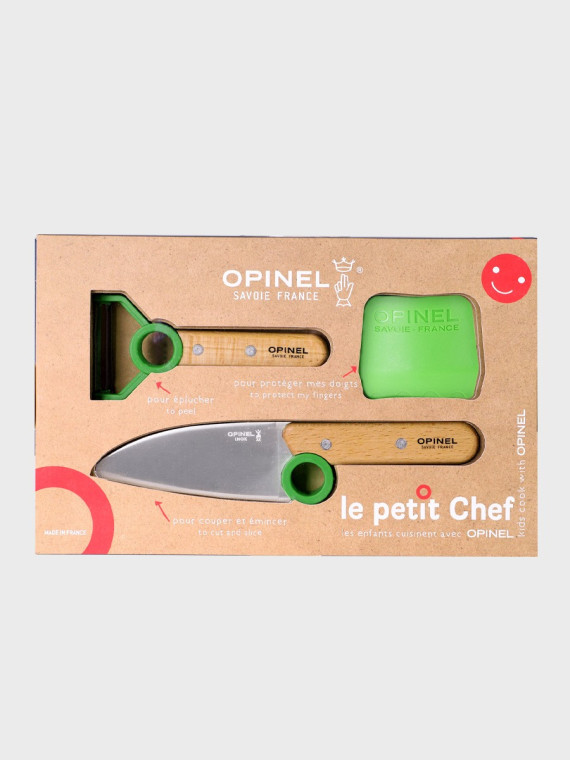 OPINEL Zestaw kuchenny dla dzieci nóż obieraczka osłona na palce Le Petit Chef Zielony