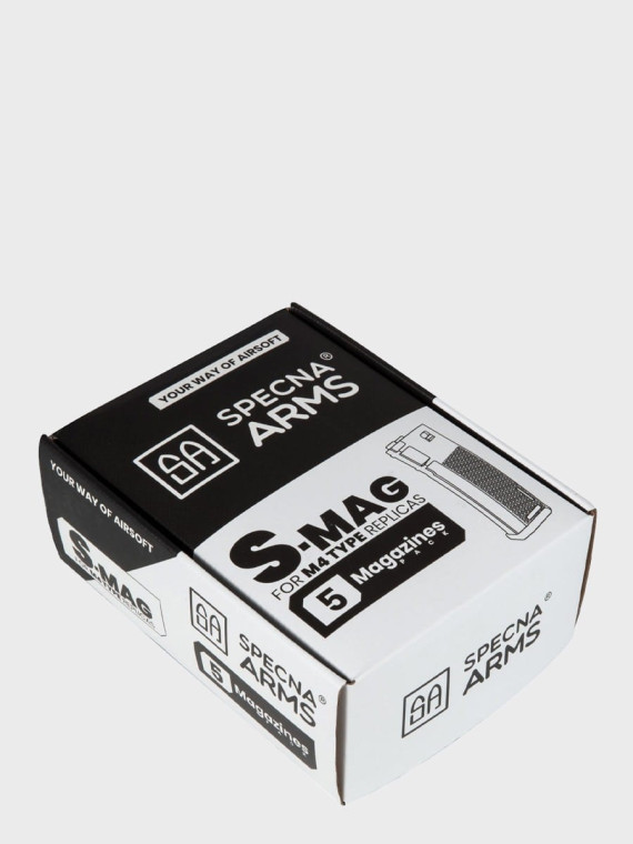 SPECNA ARMS Zestaw 5 Magazynków ASG S-Mag Hi-Cap do replik M4/M16 pojemność 380 kulek szary