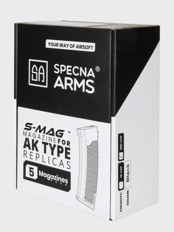 SPECNA ARMS Zestaw 5 magazynków ASG Mid-Cap do replik serii J pojemność 175 kulek czarny