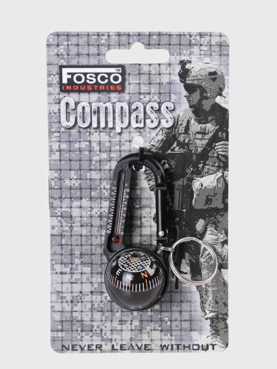 FOSCO INDUSTRIES Karabińczyk karabinek z kompasem i termometrem brelok do kluczy Czarny