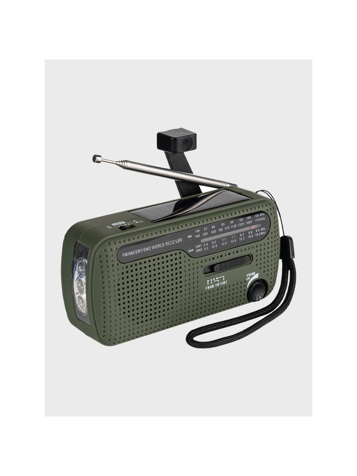 FOSCO INDUSTRIES Radio turystyczne solarne awaryjne korbka powerbank SW1/SW2/FM/AM Oliwkowe