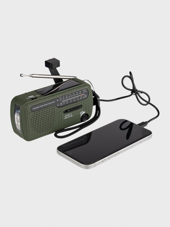 FOSCO INDUSTRIES Radio turystyczne solarne awaryjne korbka powerbank SW1/SW2/FM/AM Oliwkowe