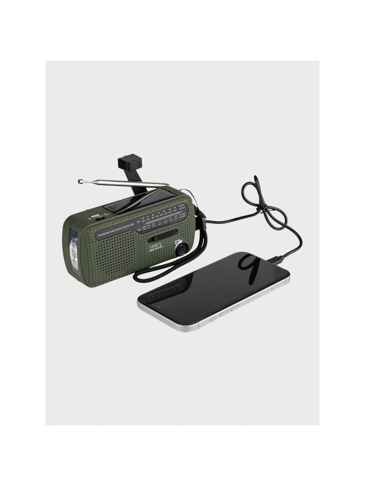 FOSCO INDUSTRIES Radio turystyczne solarne awaryjne korbka powerbank SW1/SW2/FM/AM Oliwkowe