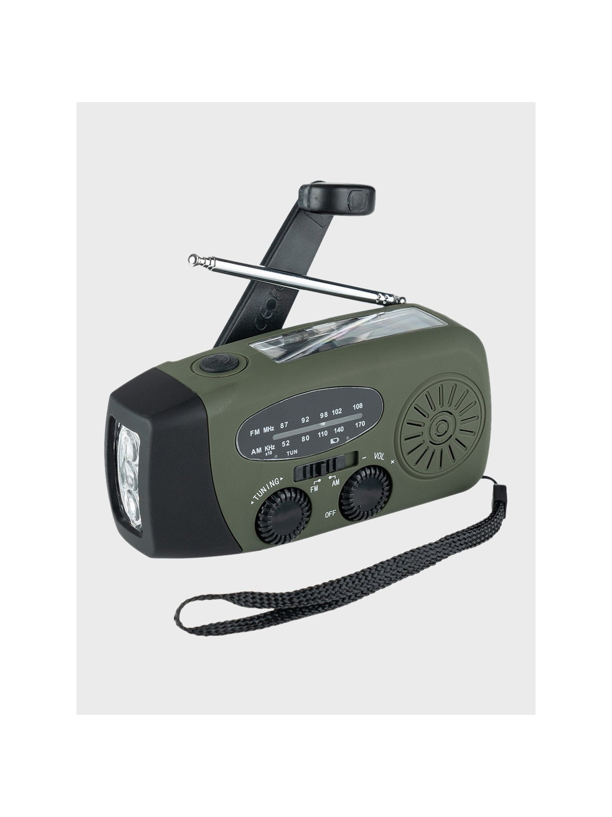 FOSCO INDUSTRIES Radio turystyczne na korbkę solarne powerbank USB-C FM/AM latarka Oliwkowe