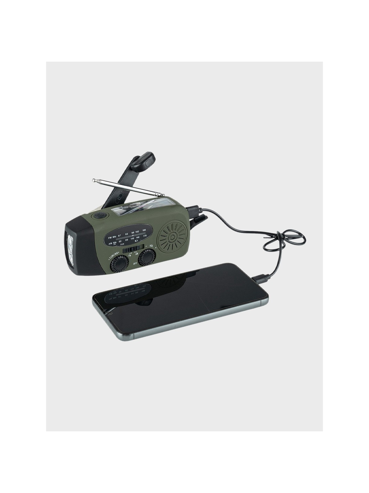 FOSCO INDUSTRIES Radio turystyczne na korbkę solarne powerbank USB-C FM/AM latarka Oliwkowe