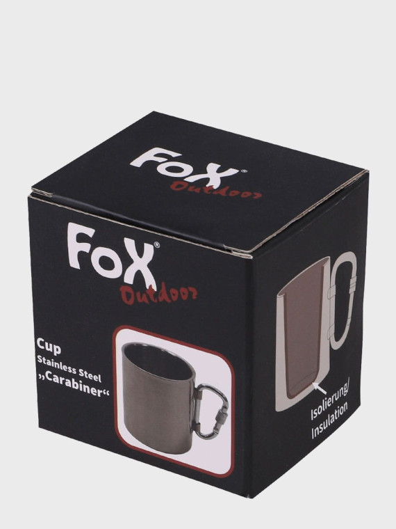 FOX OUTDOOR KUBEK TERMICZNY STALOWY 300ML Z KARABIŃCZYKIEM 