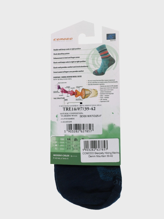 COMODO Skarpety Oddychające Wełniane Turystyczne 70% Wełna Merino Letnie w Góry Denim 43-46