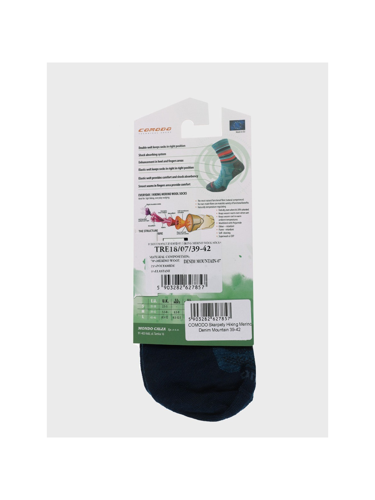 COMODO Skarpety Oddychające Wełniane Turystyczne 70% Wełna Merino Letnie w Góry Denim 43-46