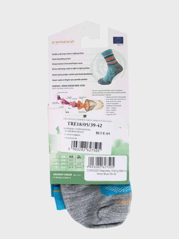 COMODO Skarpety Oddychające Wełniane Turystyczne 70% Wełna Merino Letnie Niebieskie 43-46