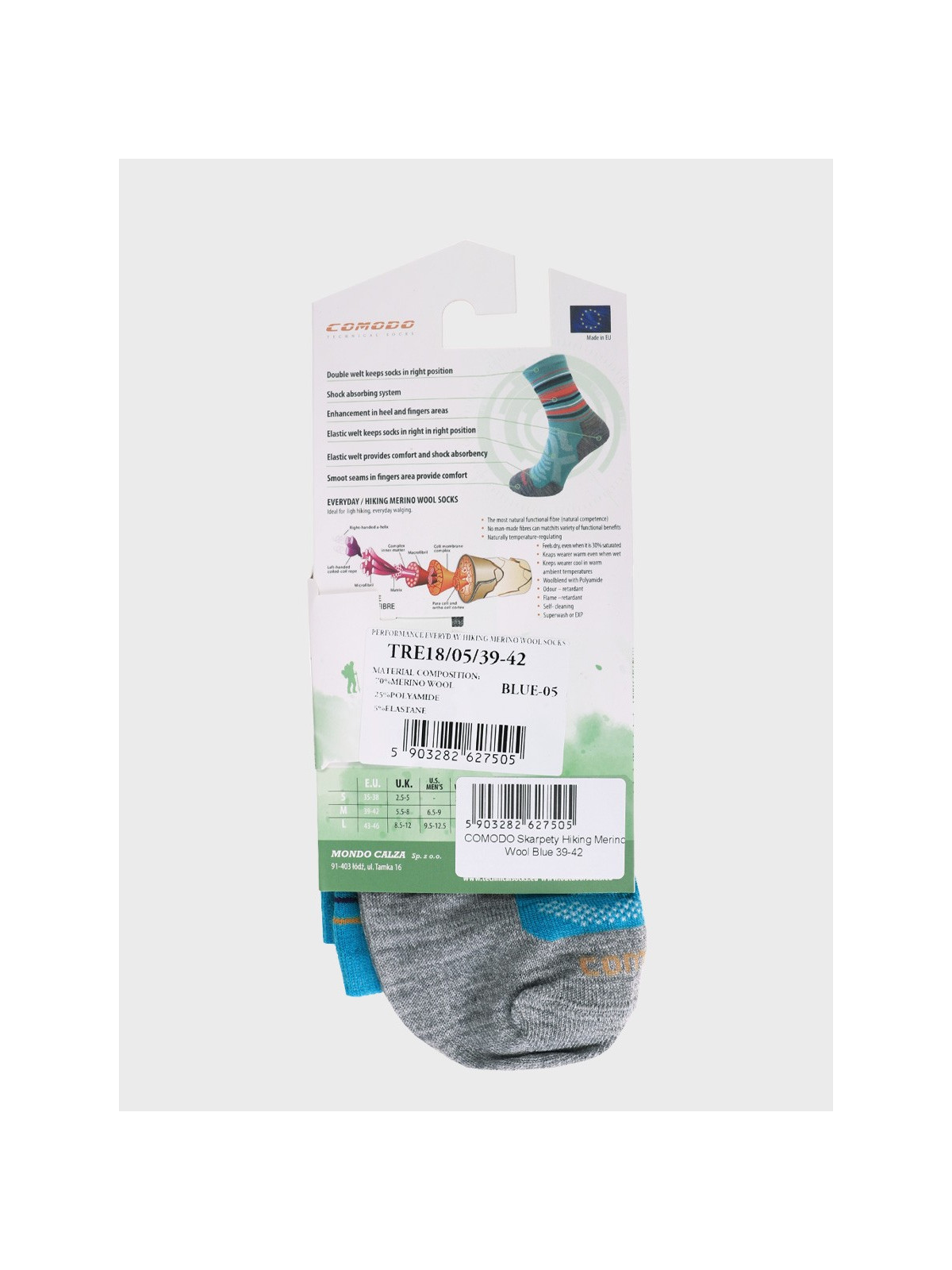 COMODO Skarpety Oddychające Wełniane Turystyczne 70% Wełna Merino Letnie Niebieskie 43-46