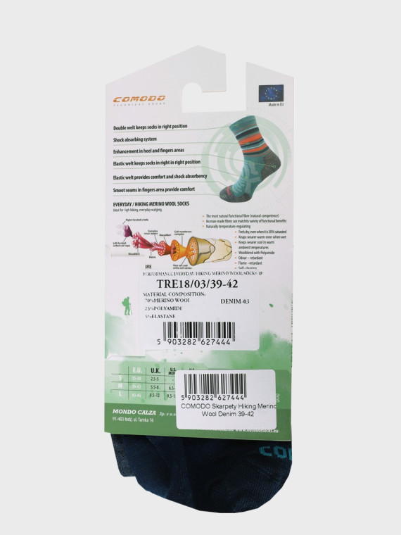 COMODO Skarpety Oddychające Wełniane Turystyczne 70% Wełna Merino Letnie Denim 43-46