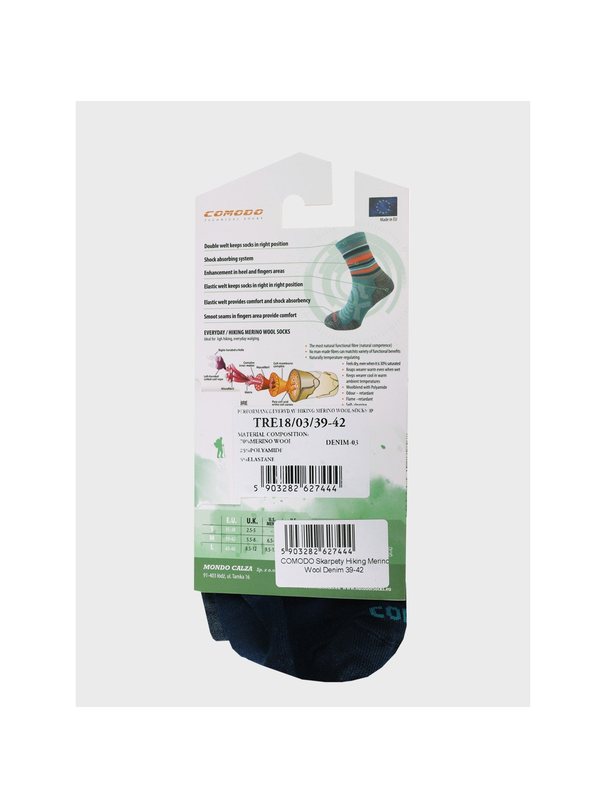 COMODO Skarpety Oddychające Wełniane Turystyczne 70% Wełna Merino Letnie Denim 43-46