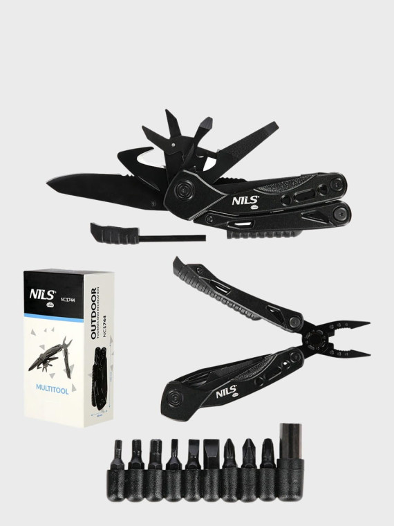 NILS CAMP Multitool NC1744 Narzędzie Wielofunkcyjne 12w1 + Bity Czarny