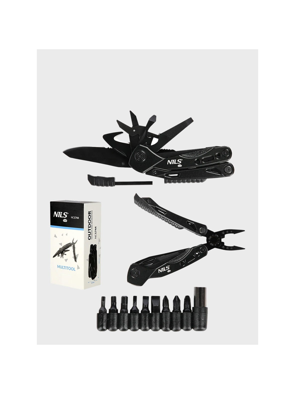 NILS CAMP Multitool NC1744 Narzędzie Wielofunkcyjne 12w1 + Bity Czarny