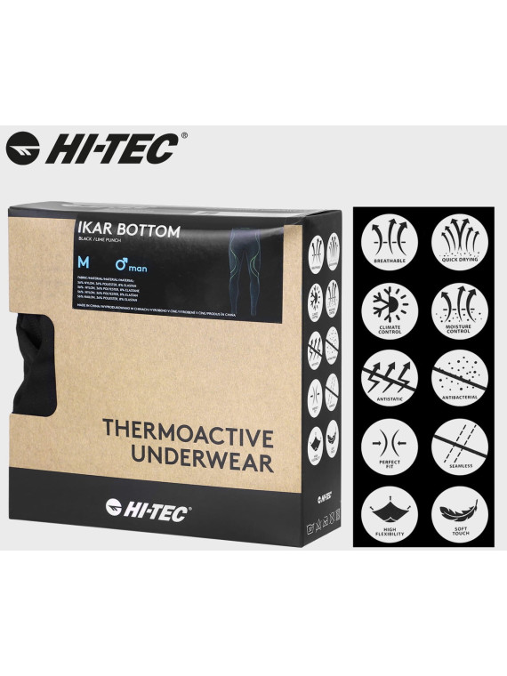 HI-TEC BIELIZNA MĘSKA SPODNIE TERMOAKTYWNE IKAR CZARNO-LIMONKOWE XL