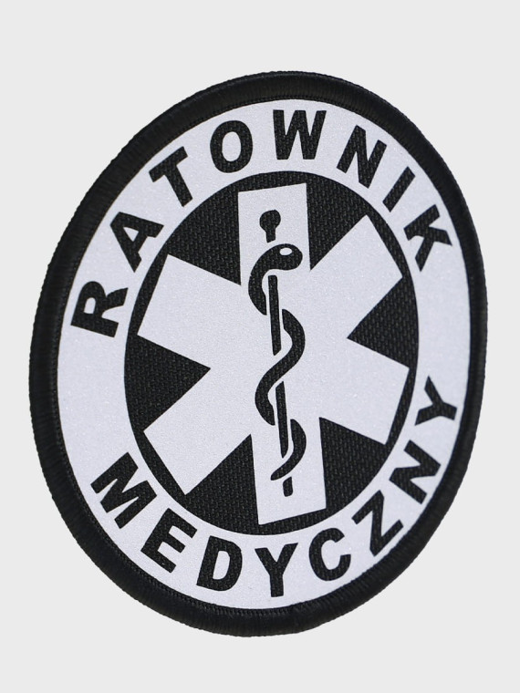 SPIN EMBLEMAT NASZYWKA Ratownik Medyczny NA RZEP 90x90 mm ODBLASKOWY CZARNY