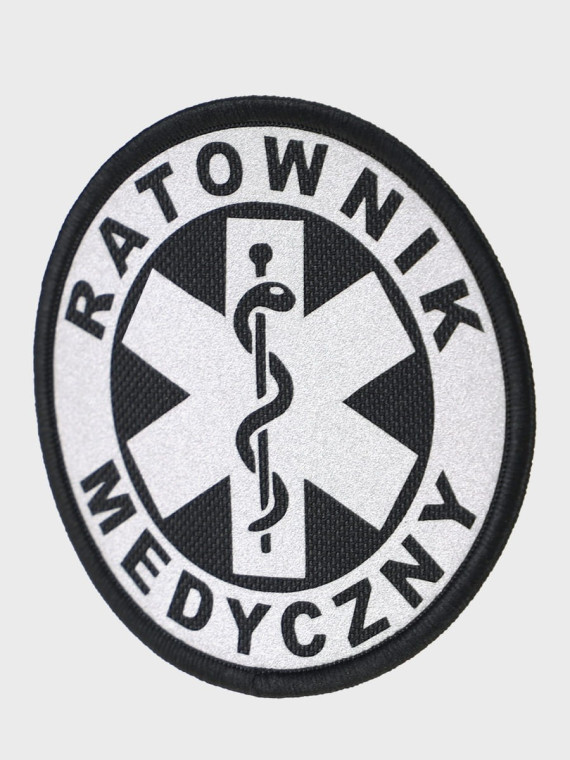 SPIN EMBLEMAT NASZYWKA Ratownik Medyczny NA RZEP 90x90 mm ODBLASKOWY CZARNY