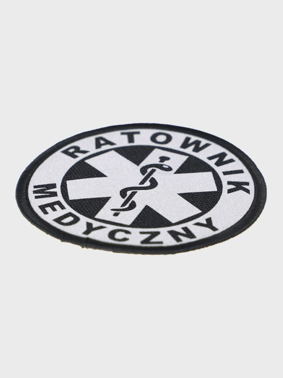 SPIN EMBLEMAT NASZYWKA Ratownik Medyczny NA RZEP 90x90 mm ODBLASKOWY CZARNY