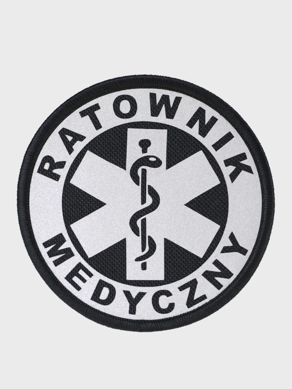 SPIN EMBLEMAT NASZYWKA Ratownik Medyczny NA RZEP 90x90 mm ODBLASKOWY CZARNY