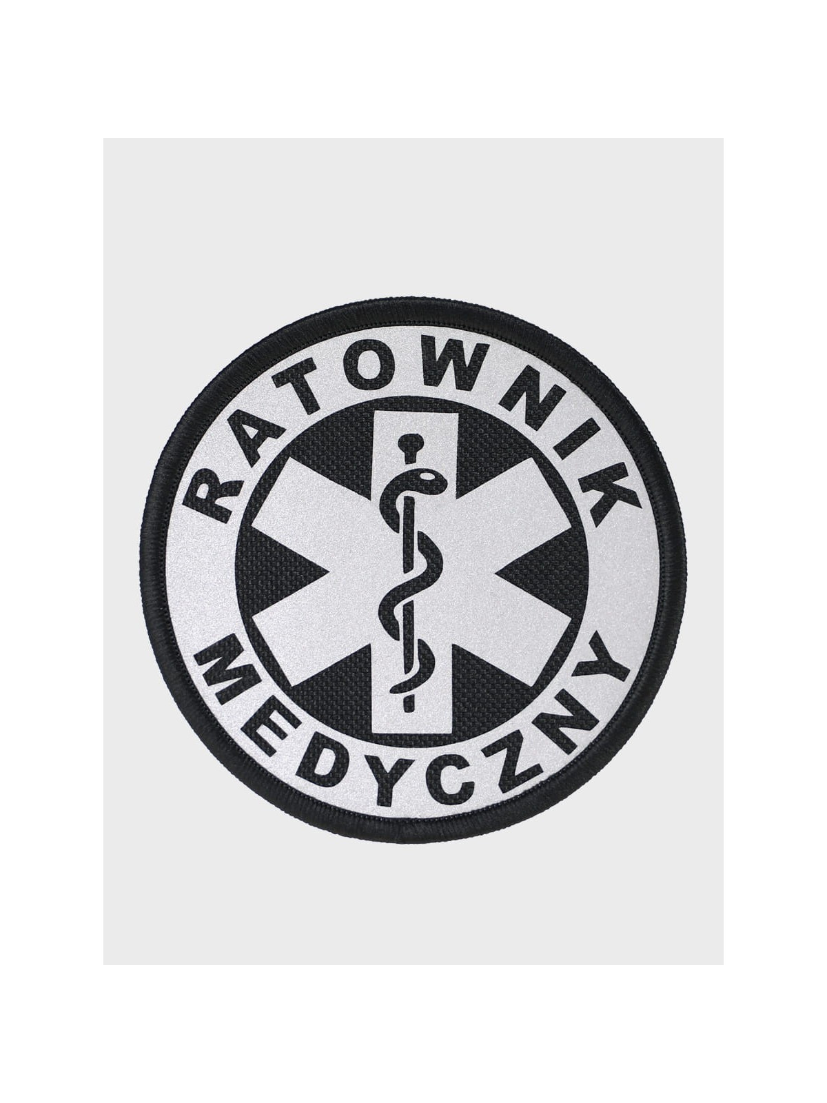 SPIN EMBLEMAT NASZYWKA Ratownik Medyczny NA RZEP 90x90 mm ODBLASKOWY CZARNY