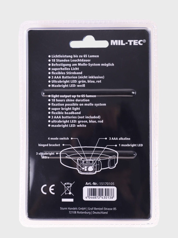MIL-TEC Latarka czołowa 65 Lumenów 4 Kolory Oliwkowa